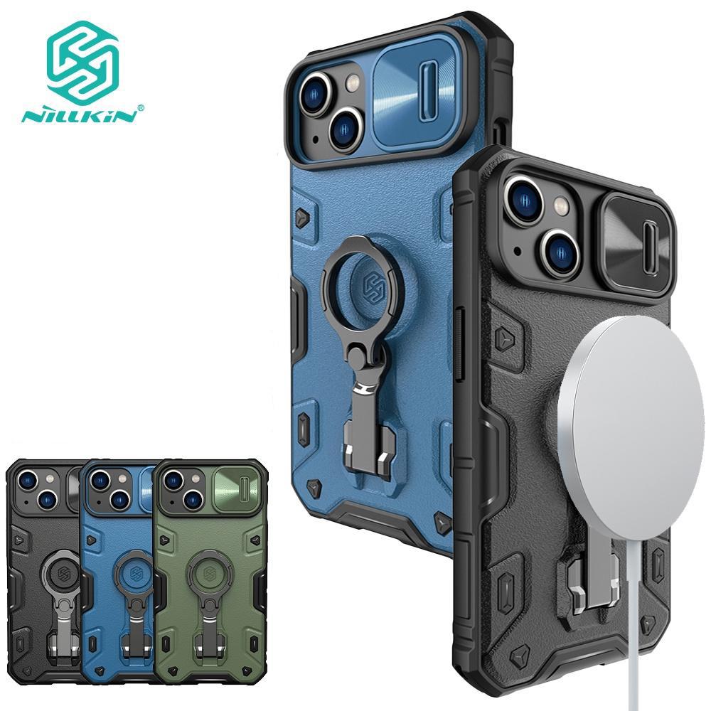 

Магнитный чехол Nillkin CamShield Armor Pro для iPhone 14, чехол для телефона, кольцевой держатель, слайдер для камеры, тяжелая защита, противоударная задняя крышка iPhone 14 синий