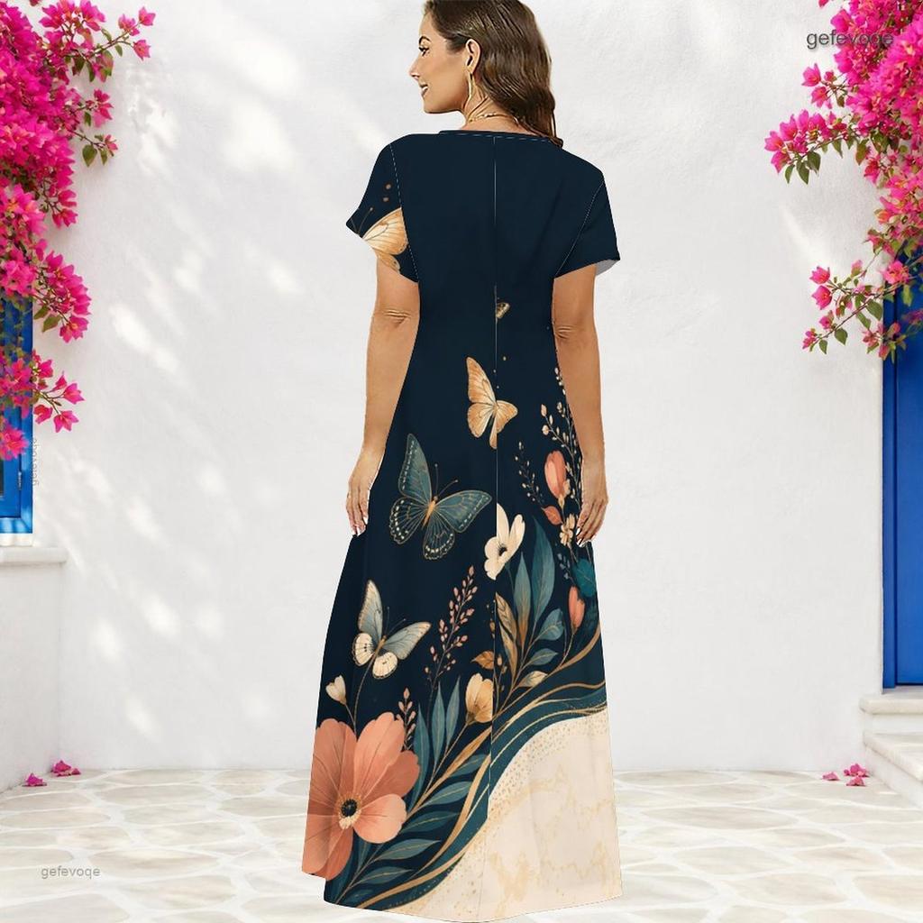 Women Plus Size V Neck Short Sleeve Butterfly Floral Printed Straight Maxi Dress
