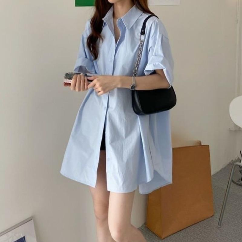 

Solid Color Women s Shirt Korean Style Loose Flip Collar Button Front Open Famale Blouses Summer Casual Comfortable Ladies Short Sleeved Top 2XL синій