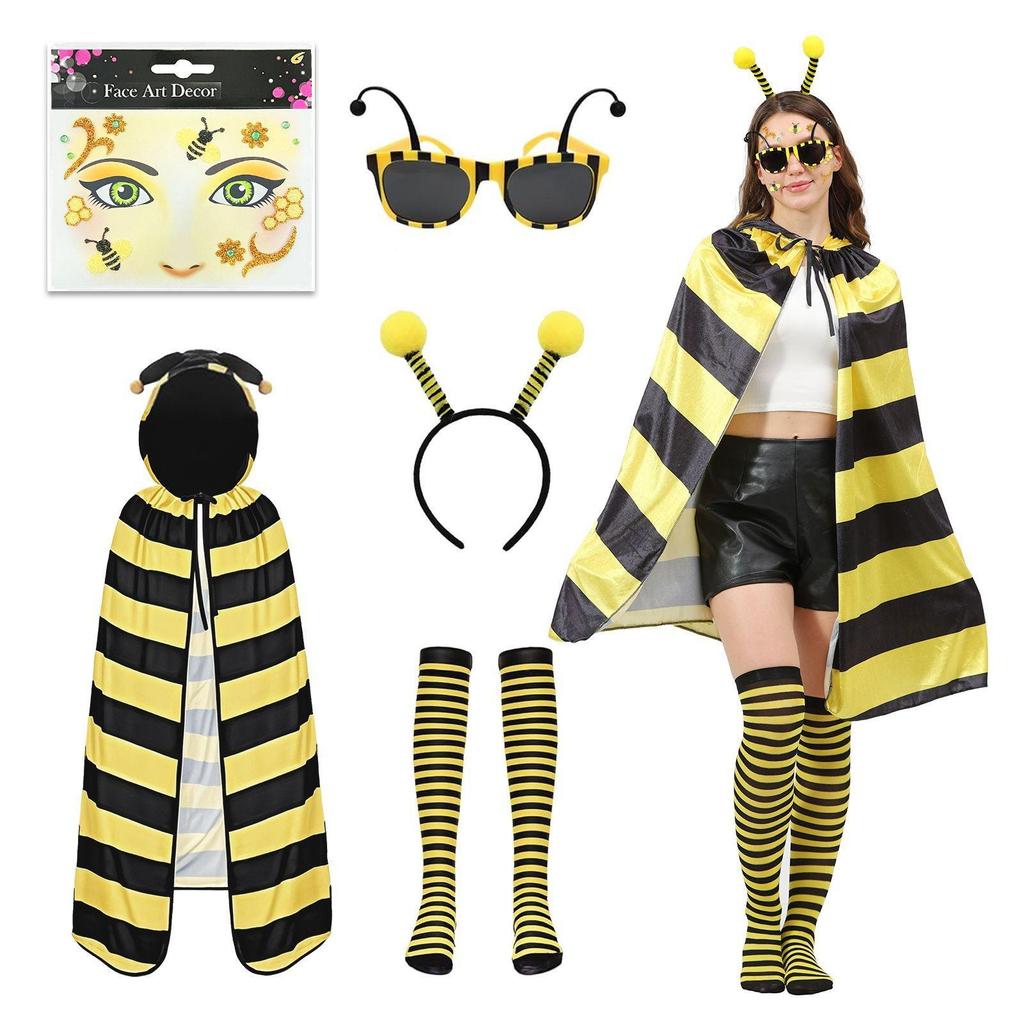 2026 Halloween Bee Cosplay Costume Set with Wings, Cloak, Headband, and Glasses for Adults & Children