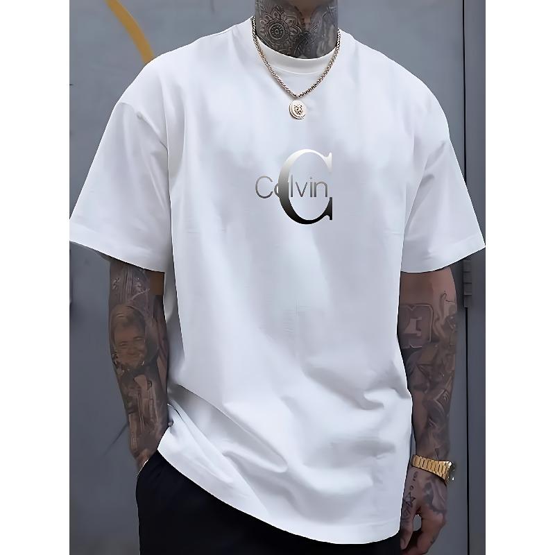 

European sizes Mens Calvin Graphic T Shirt Round Neck Short Sleeve Casual Attire Comfortable Stylish for Adults Machine Washable Relaxed Fit 4XL білий