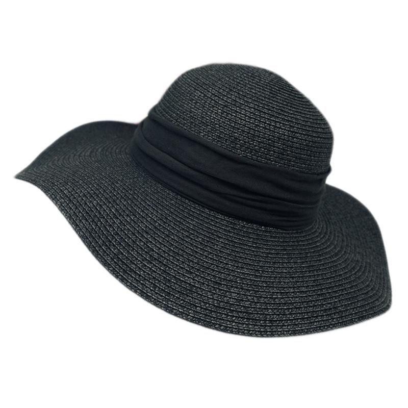 Hepburn Elegant Black Vintage French Wave Big Brim Straw Hat Women'S Sunscreen Shade Resort Beach Sun Hat