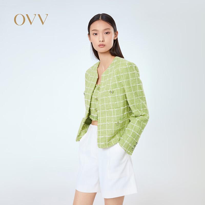 OVV Women s Classic Tweed V-neck Plaid Jacket S