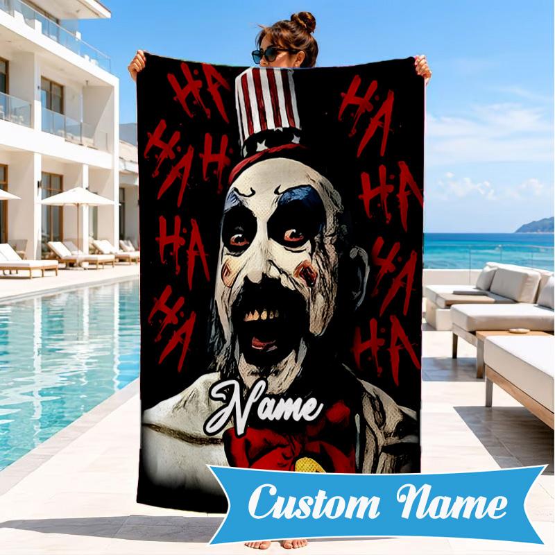 Custom Name Horror Clown Artwork Heart In Space Adventure Microfiber Beach Towel, Lightweight for Summer Travel, Swimming Pool Fan Gift