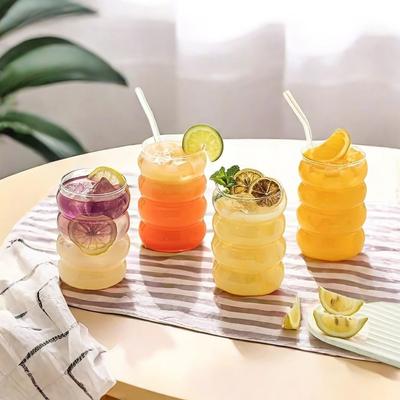 1/2/4pcs Drinking Glasses With Glass Straw Wave Shape Glass Cups Beer Glasses Iced Coffee Tumbler Cup 350ml Mug Coffee Drinkware