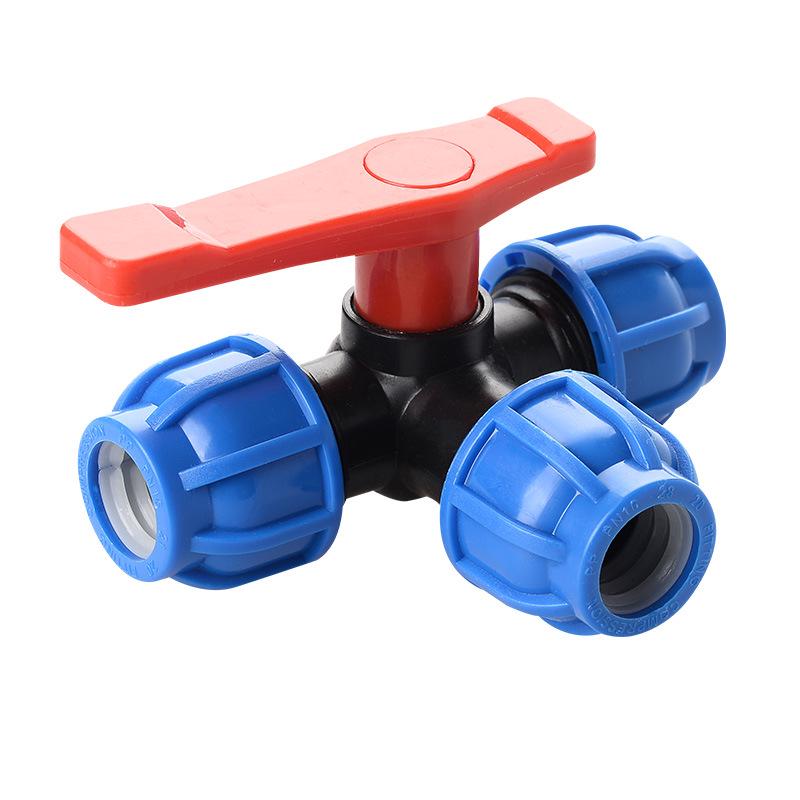 PE Kulventil Snabbkoppling Trefördelningsrörkoppling för Kranvatten, Kompatibel med 20, 25 och 32 Rör.
