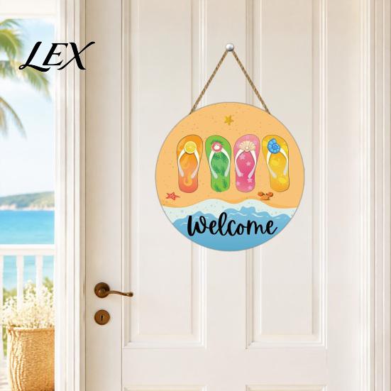 Wooden Hanging Sign Hello Summer Door Sign, Ice Pop Flip Flop Welcome Hanger, Front Plaque Farmhouse Wreath for Home Porch Decor Coastal Style Wall