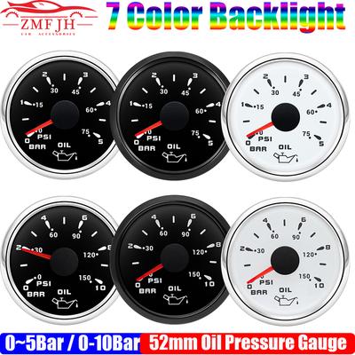 Auto Car 2" 52mm Oil Pressure Gauge 7 Color Backlight 0~5Bar 0-10Bar Oil Press Meter Indicator for RV Marine Boat 12V 24V