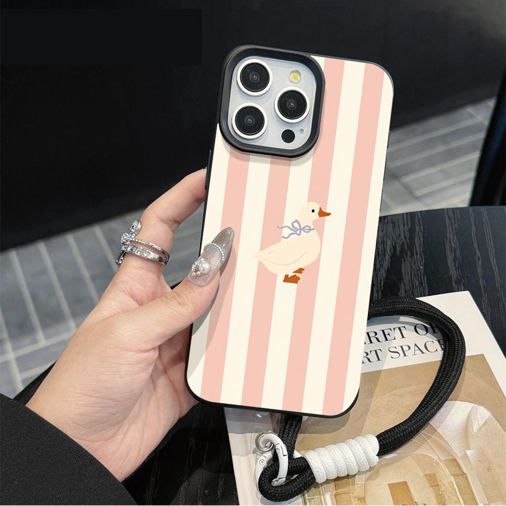 Striped Duck Strap Rope Phone Case For iPhone 17 16 15 14 13 12 11 Pro Max 16 15 14 Plus 17 16 15 Pro 17Air Silicone Matte Cover