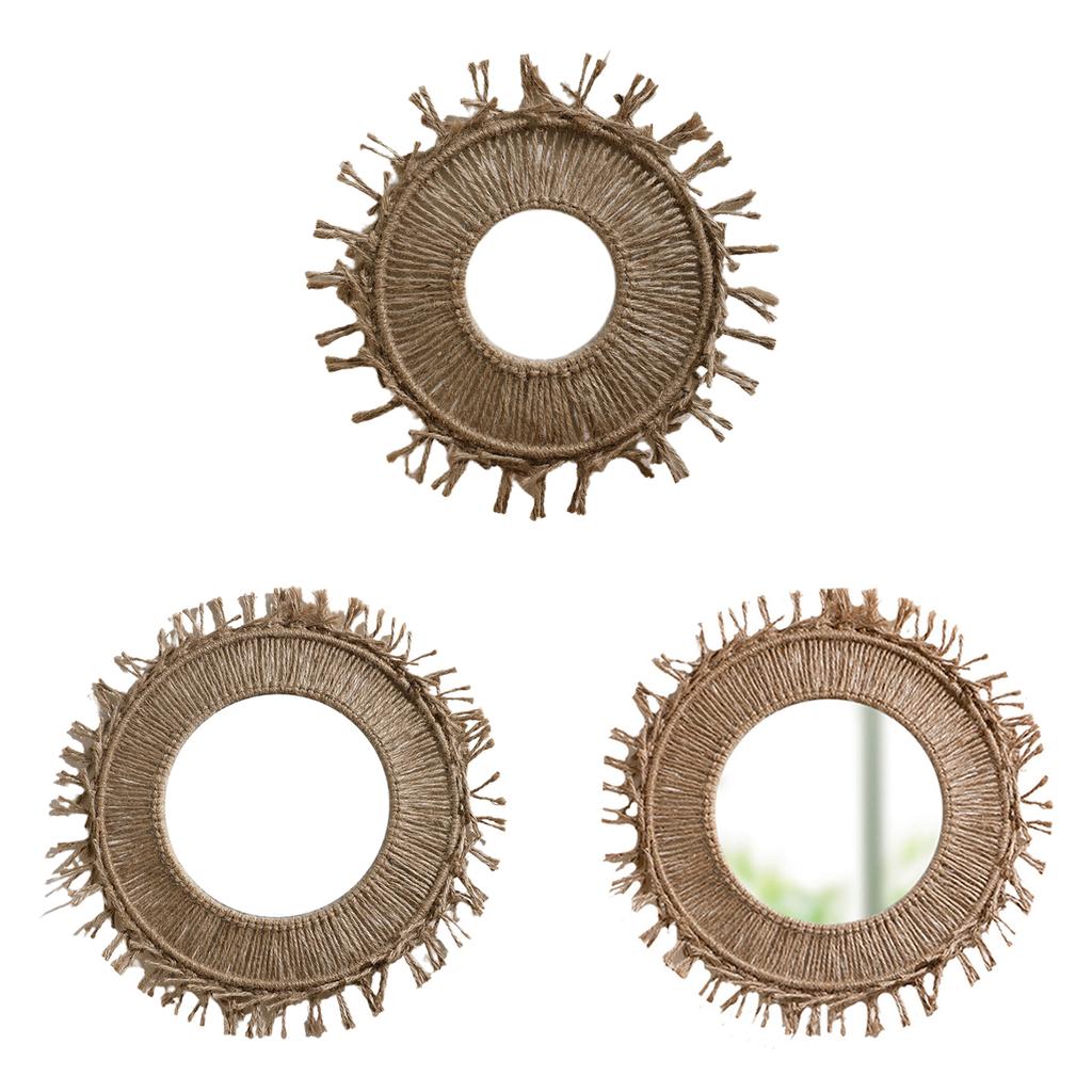 Round Wall Mirror Handwoven Cotton Rope Macrames Fringed Tassels Hanging Makeup Mirror for Bedroom Living Room Decors