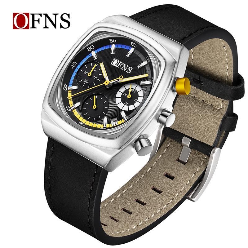 Square Dial Chronograph Quartz Watches for Men Fashion Leather Strap Casual Sport Wristwatch with Date Display Waterproof Luminous