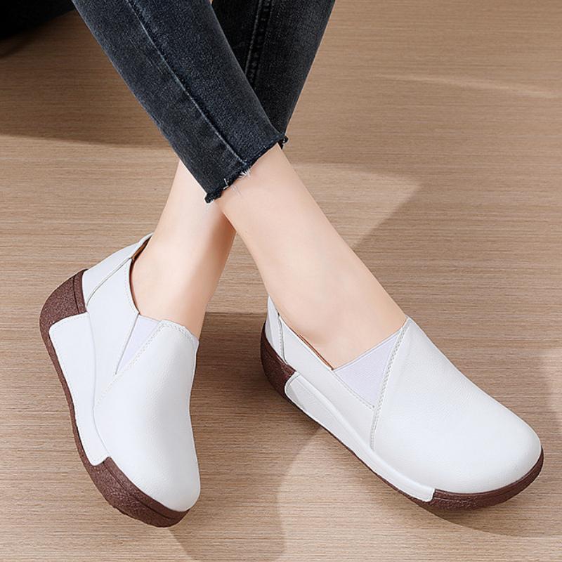 Waterproof Women's Casual Walking Shoes Wedge Heels Genuine Leather Platform Shoes Ladies Rocker Shoes