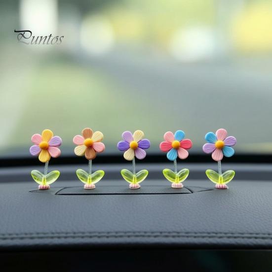 Car Aesthetic Decor 5Pcs Colorful Shaking Flower Decor, Resin Rainbow Sunflower Dashboard Ornament Cute for Teens with Non Slip Pad, Wobble