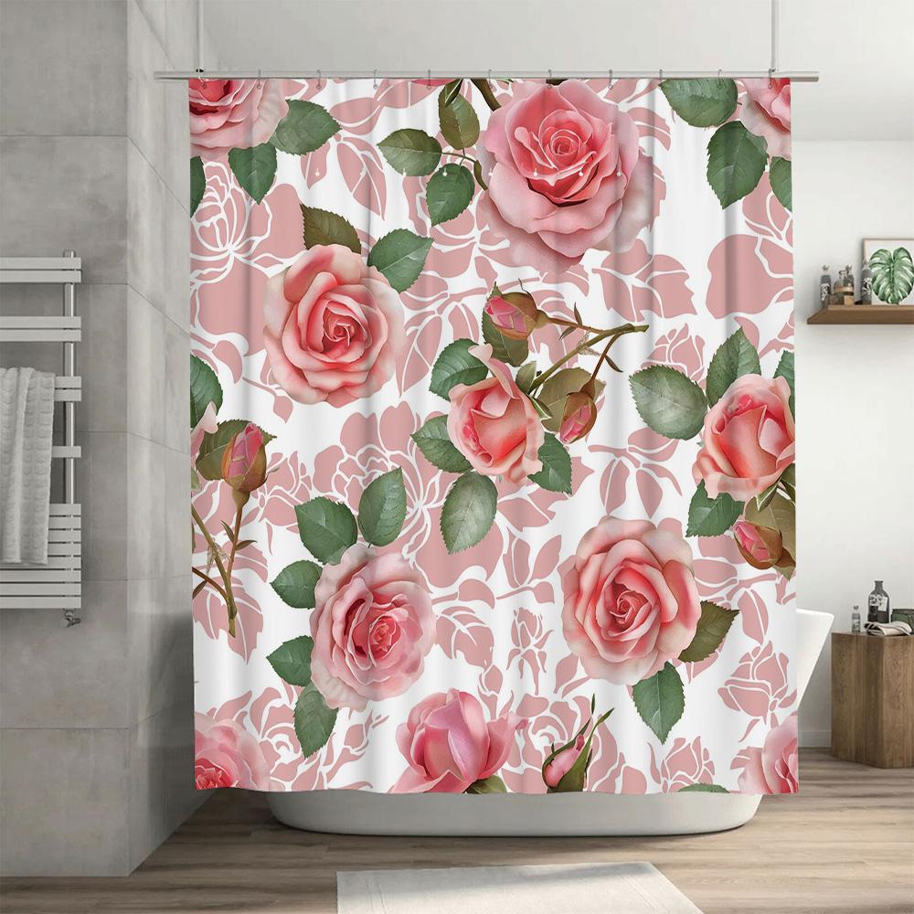 Stylish Bath Curtains with Pink RosesWaterproof Decorative Shower Curtain for Bathroom Decoration (Customizable Size)
