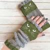 Gants en tricot sans doigts avec broderie de chat et patchwork, Gants décontractés ouverts aux doigts tendance pour femme, Mitaines chaudes d'hiver sans doigts