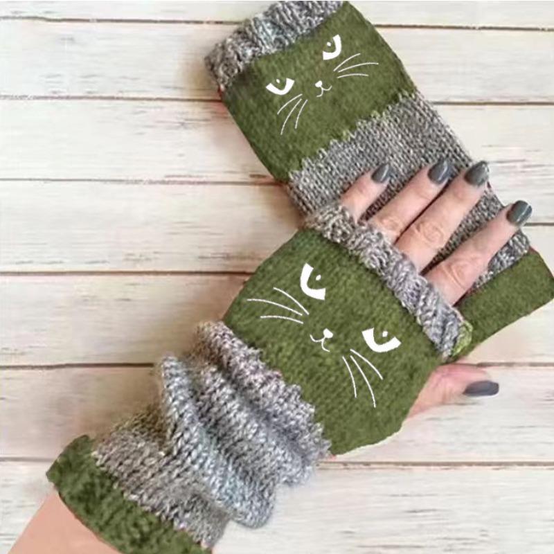 Gants en tricot sans doigts avec broderie de chat et patchwork, Gants décontractés ouverts aux doigts tendance pour femme, Mitaines chaudes d'hiver sans doigts
