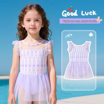 Girls' Stylish Purple Mesh Princess One-Piece Swimsuit with Skirt