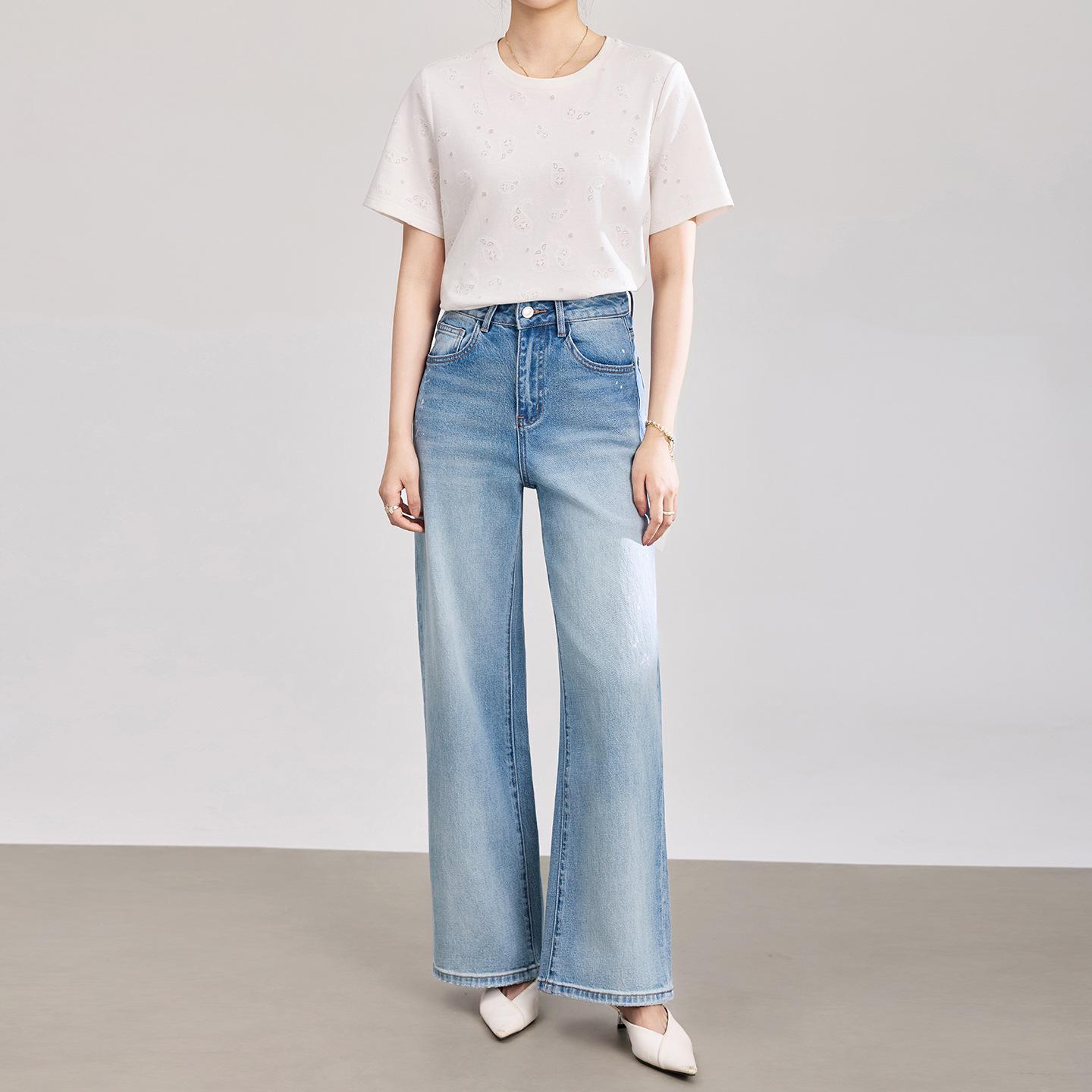 

Women s High-Quality Ink Splatter Silk Denim Wide-Leg Jeans - Spring/Summer New Arrivals 27 синий