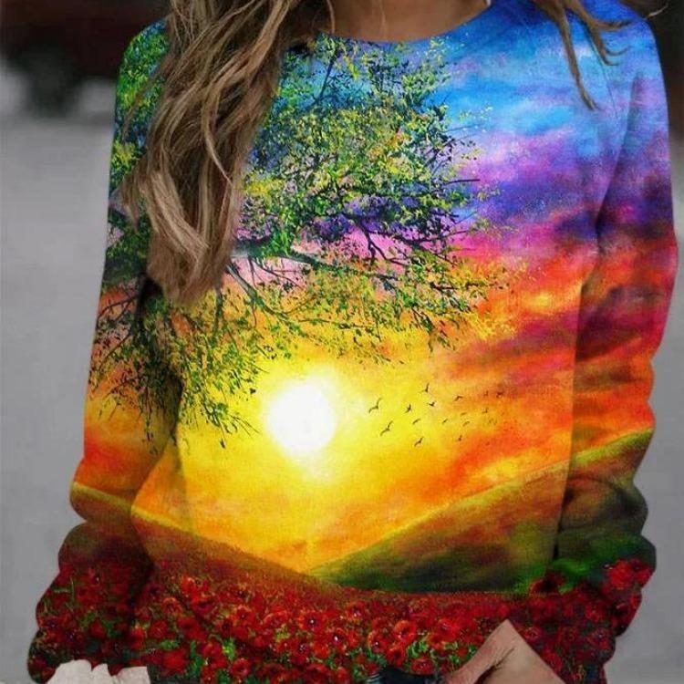 Women's Casual Long Sleeve Round Neck Sweatshirt with Owl Printed Moon and Snowy Branches Multicolor