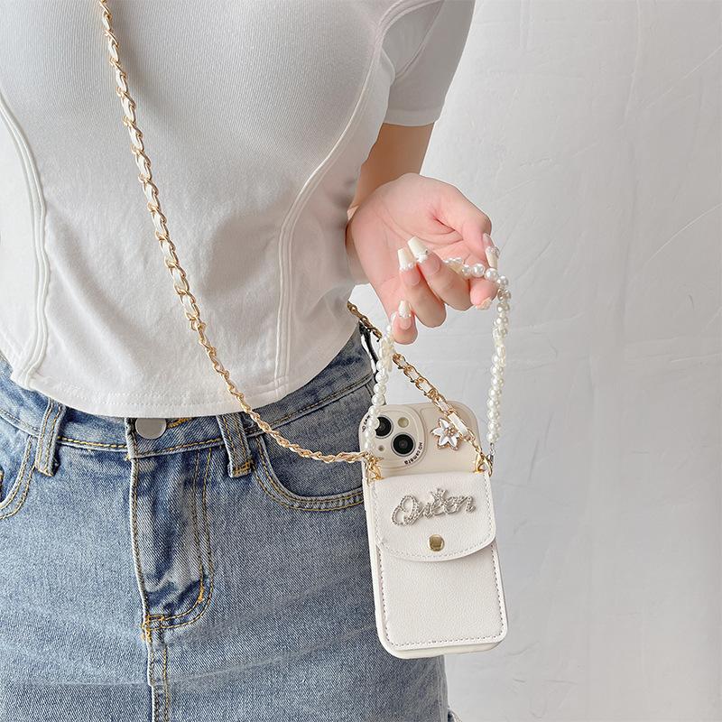 For IPhone17 Wallet Card Case Phone Case for Apple 16 Bow Pearl 14 Bracelet 13 Precision Hole XR Flower