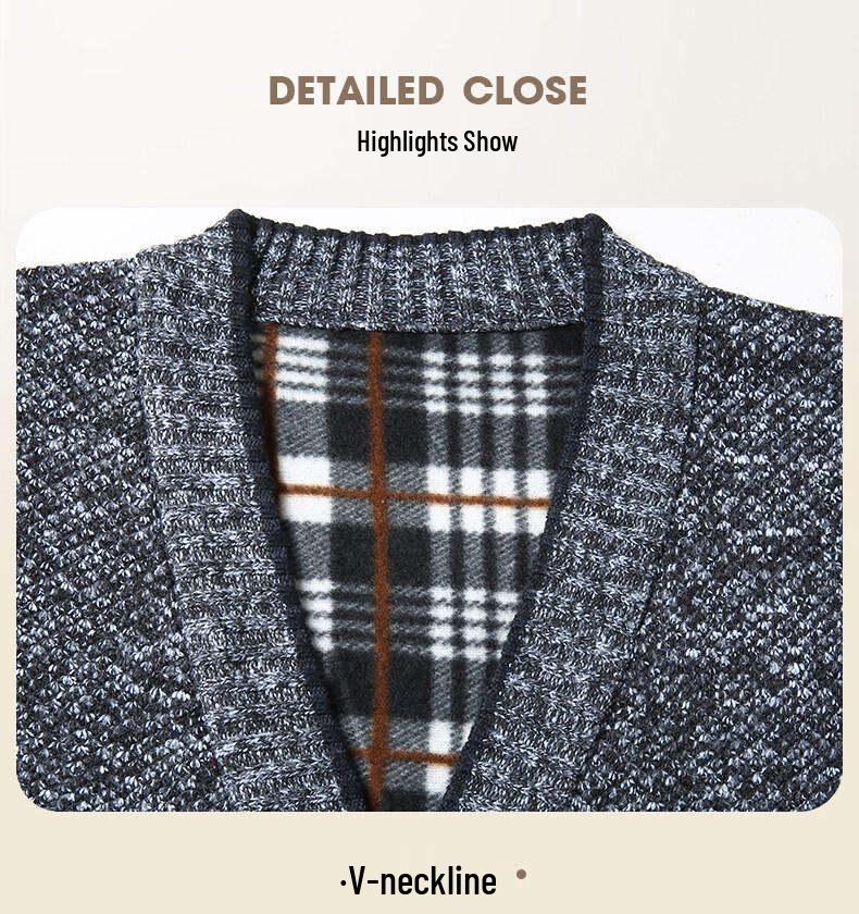 Men's Grey Plus Velvet Cardigan Sweater - Autumn/Winter Warm Knitwear for Middle-aged and Elderly