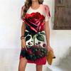 New Summer Beach Party Dresses For Women Vintage Tie Dye Red Rose Flower Print Dress Short Sleeve Pullover Loose Plus Size Dress
