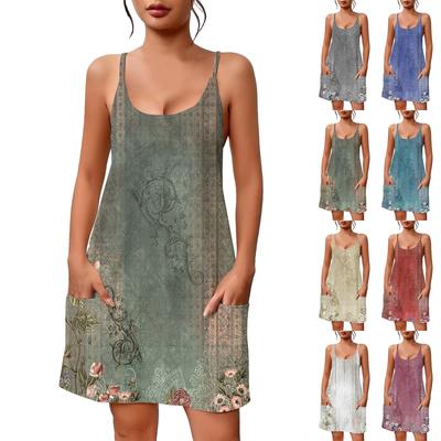 Vestido feminino casual de verão com estampa de gola quadrada, vestido suspensório com bolsos