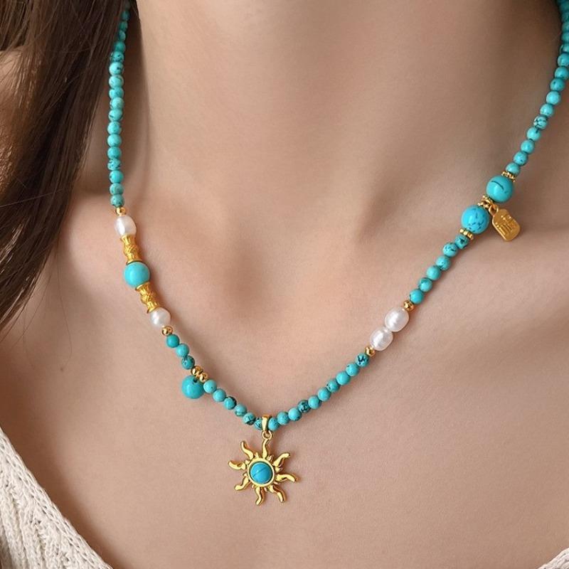 Textured 3mm Natural Stone Turquoise Freshwater Pearl Bamboo Joint Beaded Necklace for Women Titanium Steel Beads Choker