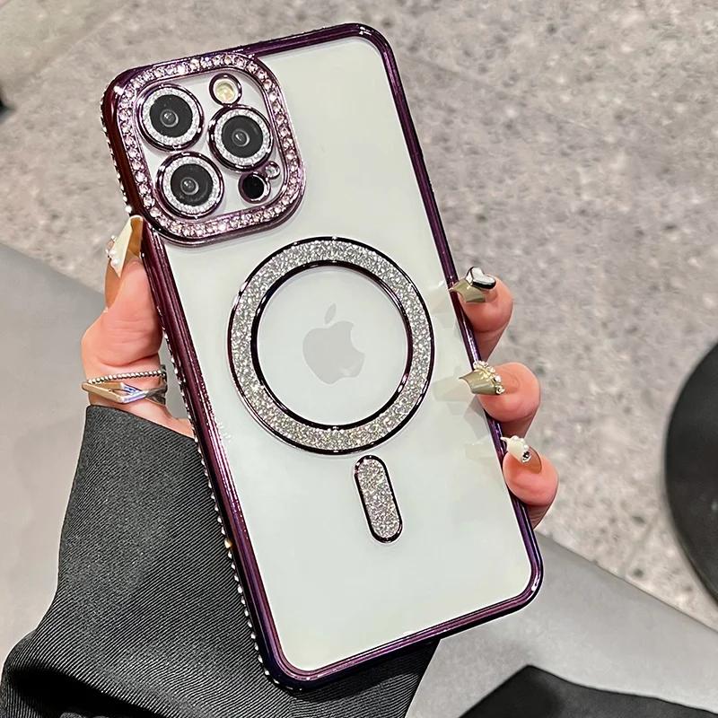 Klarer Bling-Kristall-Handyhülle Für iPhone 16 15 14 13 12 11 Pro Max Plus Für Magsafe Magnetisches Kabelloses Laden Linsenfolienabdeckung