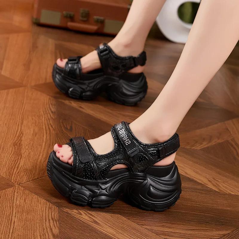 Fashion 9CM Summer Synthetic Microfiber Leather Hollow Vulcanize Peep Toe Hook Platform Wedge Women Sandals Flats Chunky Sneakers Shoes