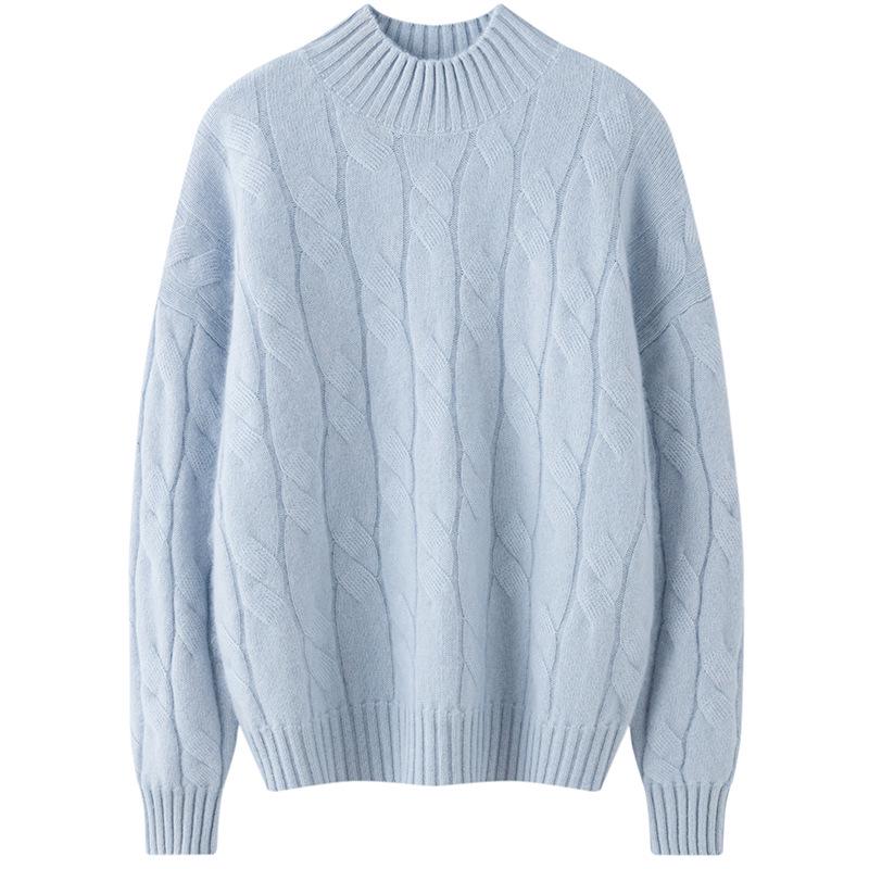Women's Cashmere Cable Knit Sweater - Half-High Neck, Thick, Loose Fit, Versatile Slimming Knitwear for Autumn/Winter
