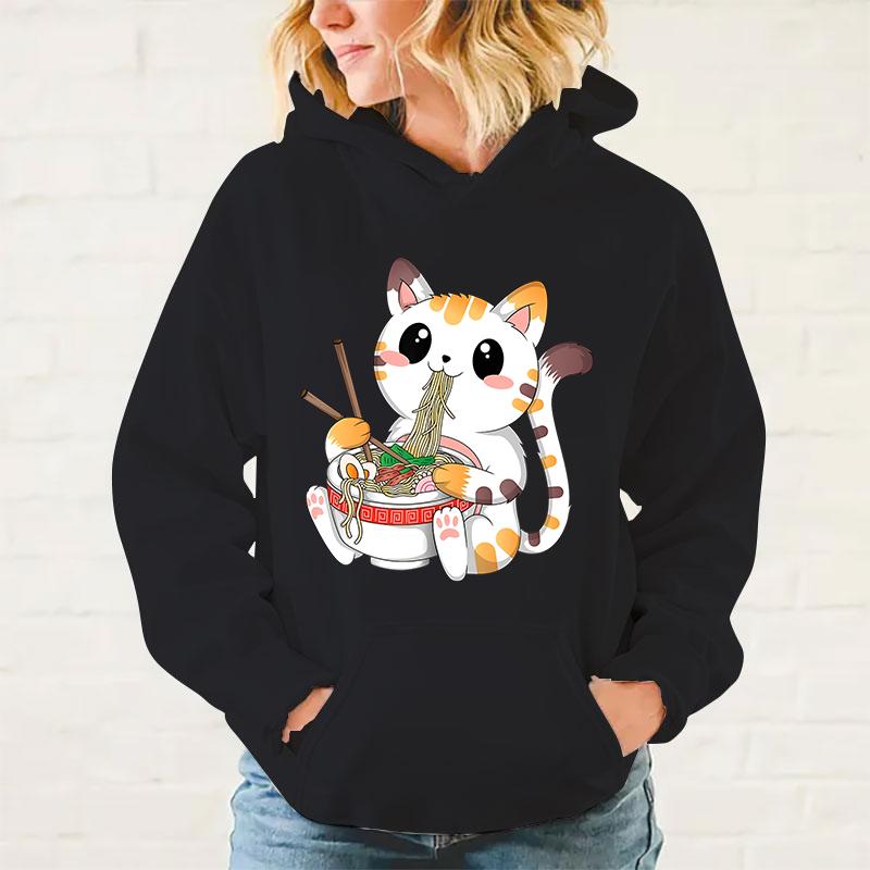 

Новые кавайные толстовки с кошкой, поедающей рамен, для женщин, мужчин, подростков, повседневные, с изюминкой, пуловер, модная толстовка с длинным рукавом 3XL