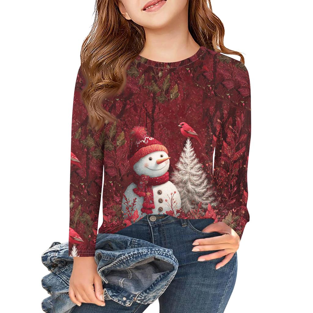 Christmas Day Girls Long Sleeve T Shirts Kids Fall Tops Crewneck Printed Basic Tees