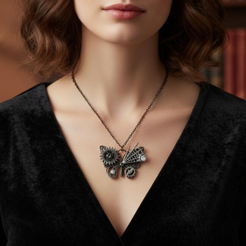Mystical Mechanical Butterfly Pendant Necklace Gothic Design With Artisanal Distressing Perfect Gift For Alternative Style Lovers