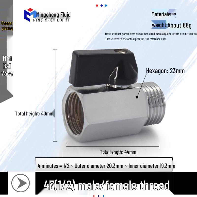 Compact Ball Valve with Double Male/Female Thread, Sizes 1/4", 3/8", 1/2", Pneumatic Polished Electroplated Switch Valve Accessory.