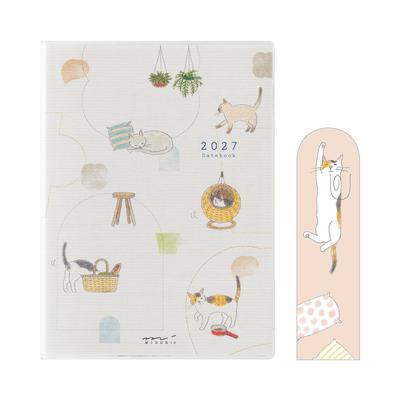 Midori Pocket Diary 2027 A6 Weekly Planner with Limited Edition Cat 22443006 January Bookmark, Pattern, (Starts 2027)