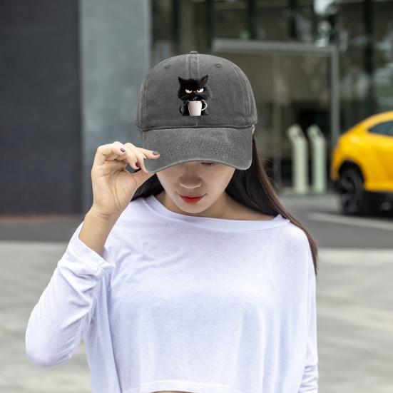 Casquette de baseball à motif chat réglable pare-soleil à bord incurvé chapeau de soleil unisexe style hip hop décontracté casquette café délavée