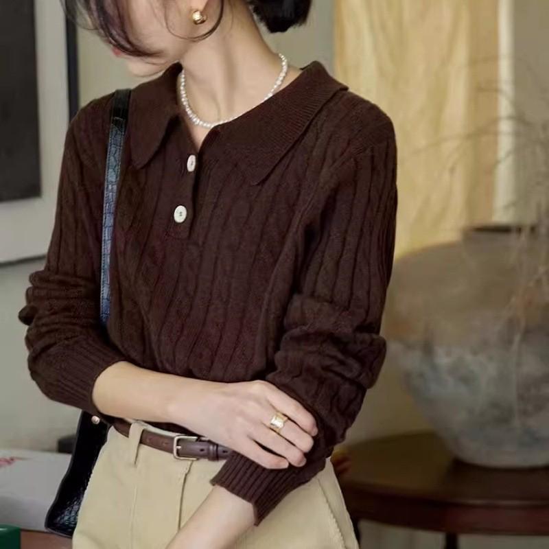 French Retro Wool Cable Knit Lapel Sweater - Women's Autumn Winter Cashmere Polo Collar Top