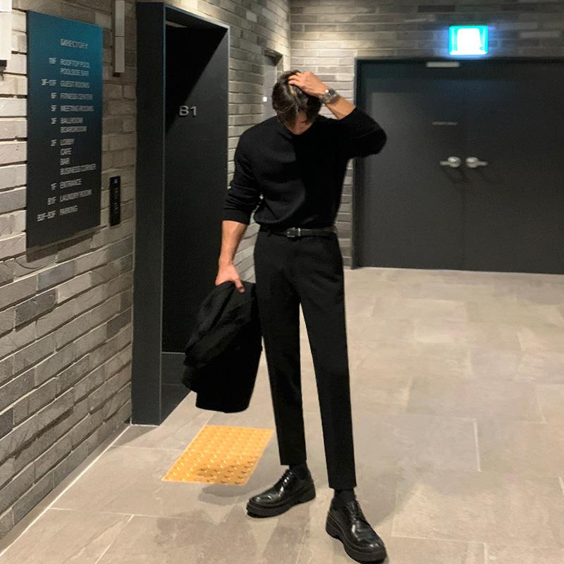 Half Turtleneck Jumper Men's Autumn and Winter Loose Trend Thickened Black Middle Collar Knitted Bottoming Shirt