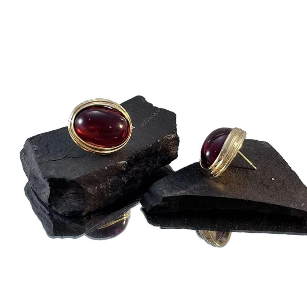 Gold Plated Retro Ruby Oval Earrings - Elegant Daily & Gift-Worthy Design
