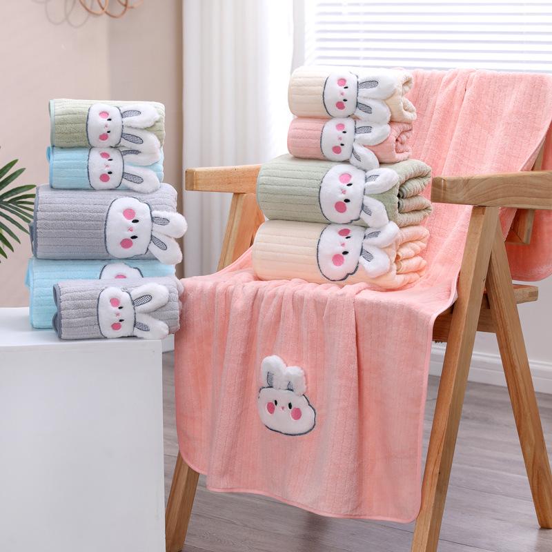 Plus Size Cartoon Rabbit Bath Towel Set for Kids - Cute, Quick Dry, and Absorbent Coral Fleece for Home Use