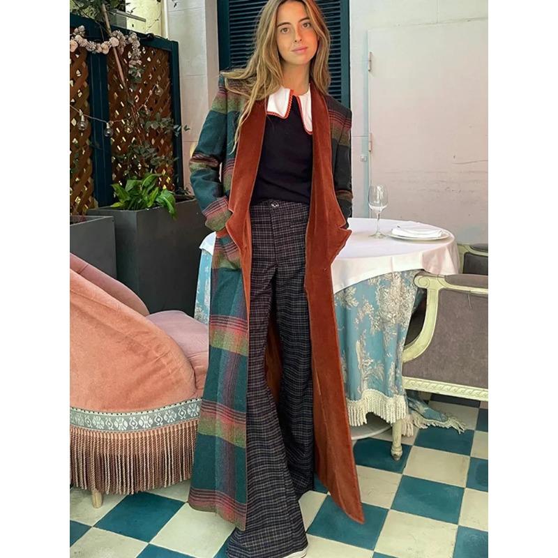 Modische, farbenfrohe Wollmäntel mit Karomuster für Damen, Patchwork, Umlegekragen, schmale Passform, lange Mäntel, High Streetwear