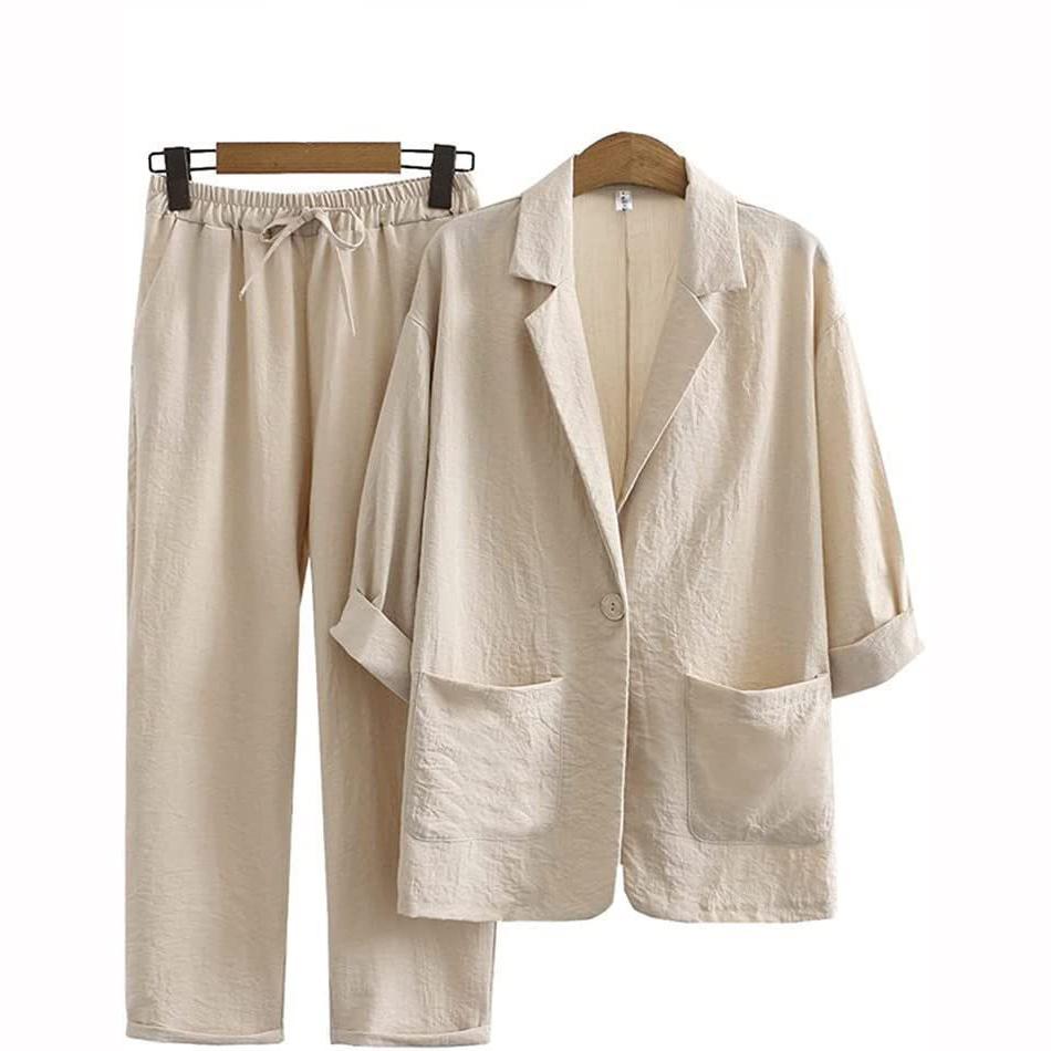 Women's Autumn Commuting Suit Set Cotton Linen Jacket Pants Pocket Loose Fashionable Casual Wear
