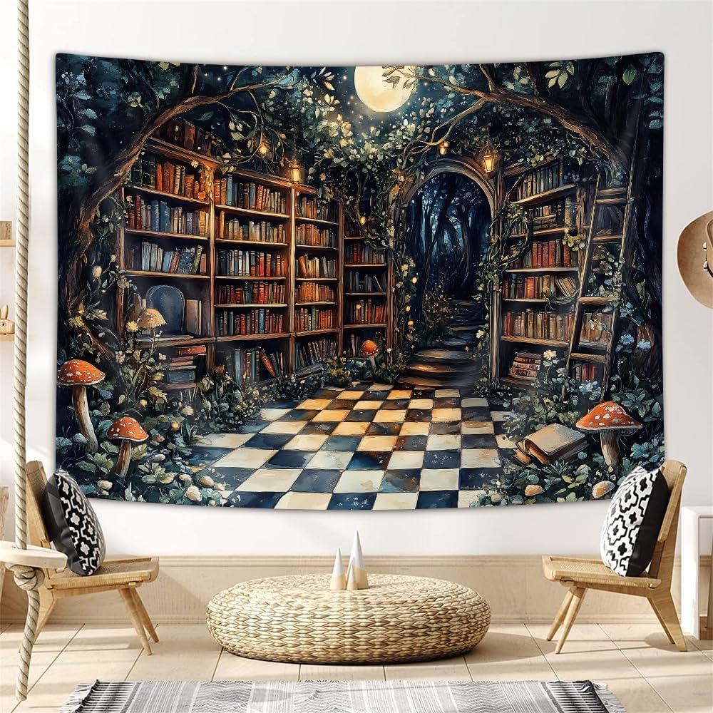 JAWO Fantasy Fairy Forest Tapestry Aesthetic, Witchy Mushroom Moon Vintage Library Nature Tapestry Wall Hanging for Bedroom, Dar