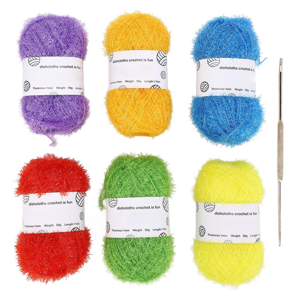 6 Pcs Shiny Yarn Multi Color Soft Cotton Glitter Sparkle Yarn with Stainless Steel Crochet Hook for Knitting Crafting
