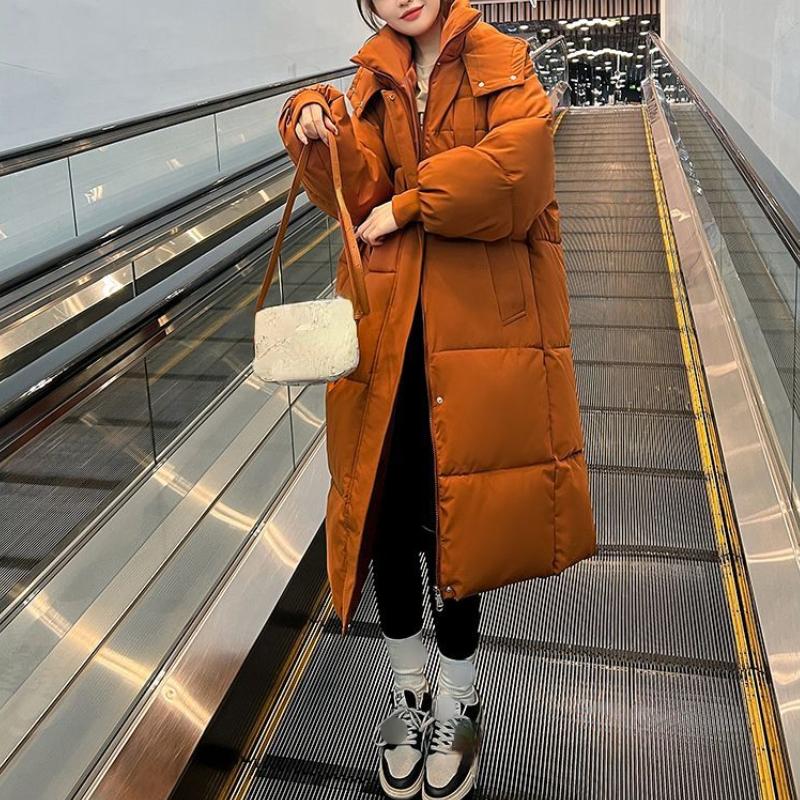 HELIAR Women Autumn Thicken Warm Hooded Long Coat Zipper Button Pocket Casual Down Coat Office Coat Long Sleeve Parkas Winter