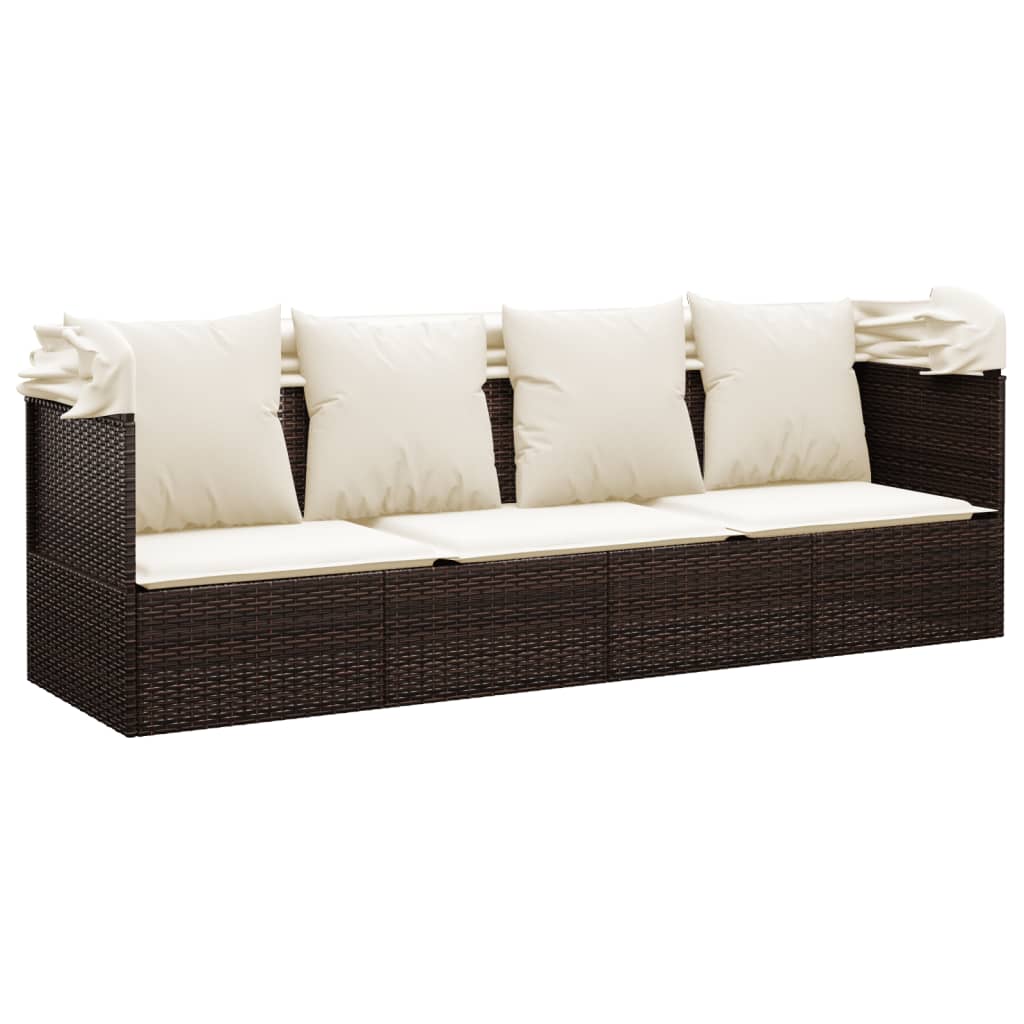 Letto da Lounge da Esterno con Tenda e Cuscini in Polyrattan Marrone