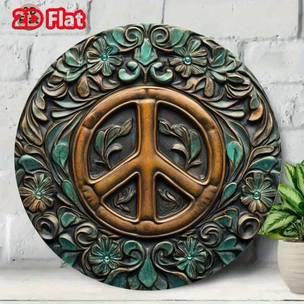 

2D Flat Circular Medal Peace Symbol Floral Olive Green Brown Dark Turquoise Pendant Lightweight 20x20 різнокольоровий