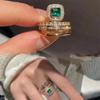 18K Gold Plated Adjustable Emerald Ring Set for Women - Two-Piece Retro Design
