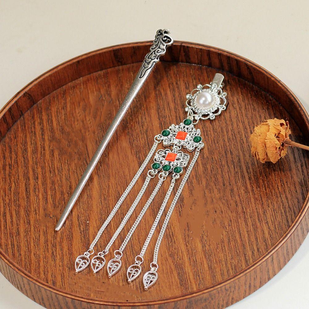 Ancient Crescent Shape Tassel Hairpin Metal Hanfu Hair Fork Ethnic Style Hair Stick Girls